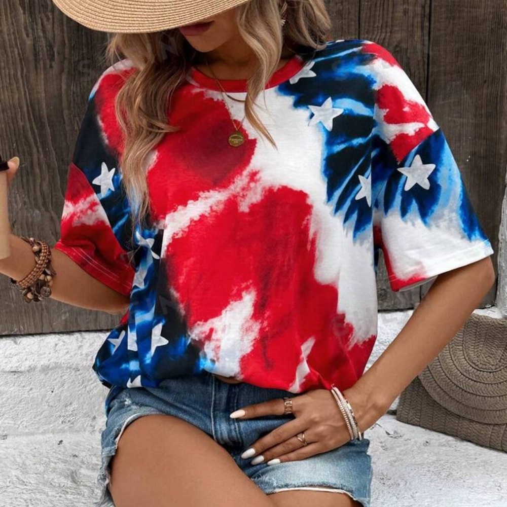 SHEIN 4th of July Tie-Dye Printed Women's Short Sleeve T-Shirt